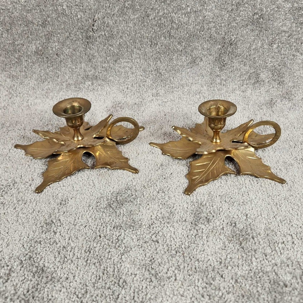 Brass Candle Holder Gold Holly Leaf Chamberstick Vintage Set of 2 OS